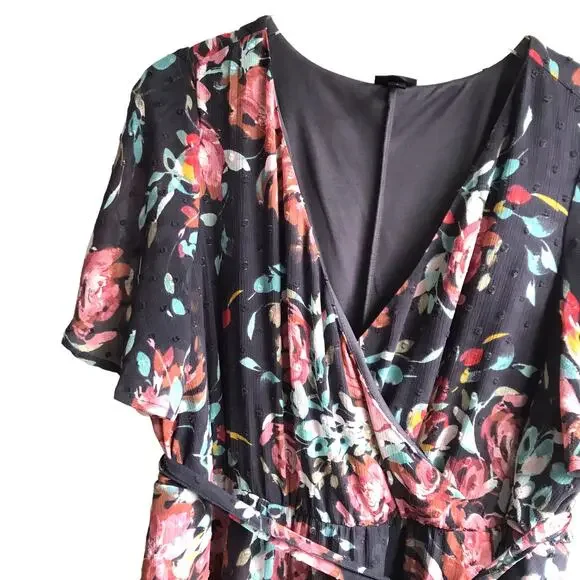 Torrid Faux Wrap High Low Midi Dress Size 2X Swiss Dot Floral Flutter Sleeves - Picture 6 of 16